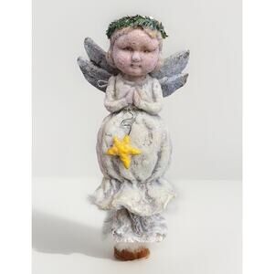 Rustic Folk Art Angel Figurine Resin Glitter Frosted Christmas Praying Star 11”